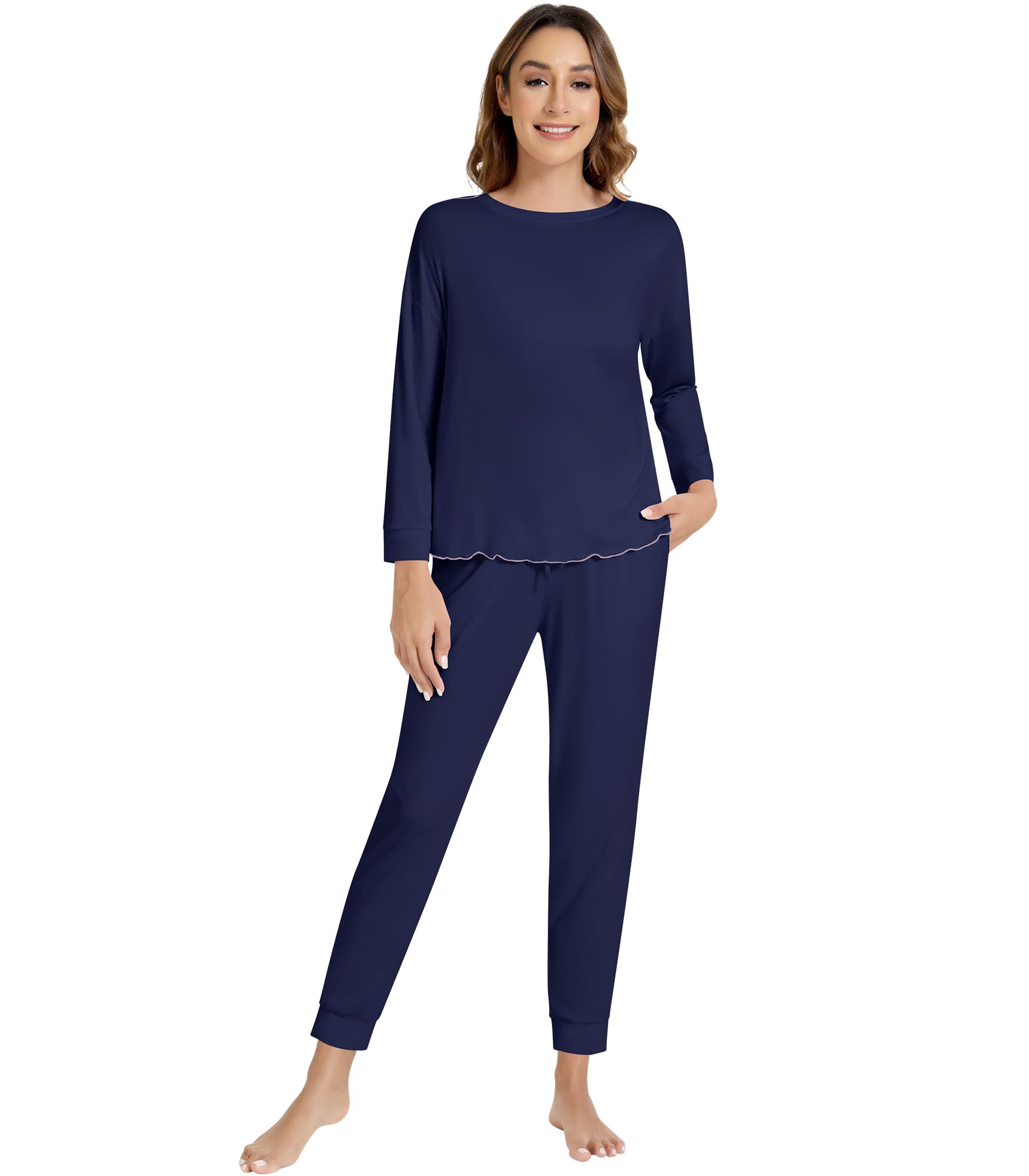 NACHILA Pajamas for Women Long Sleeve Sleepwear Comfy Pants Pajama Set Pleated Pjs with Pocket Viscose Made from