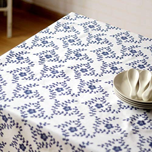 Nappe fleurs et feuilles rectangulaire coton bleu blanc 140x220