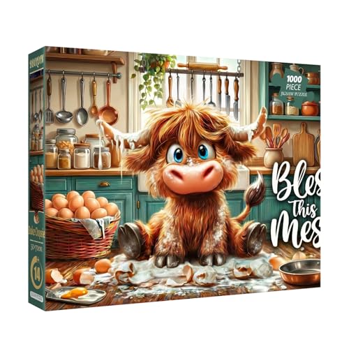Highland Cow Kitchen Puzzles for Adults 1000 Pieces, Cute Animal Art Jigsaw Puzzles, Fun Cow Puzzles