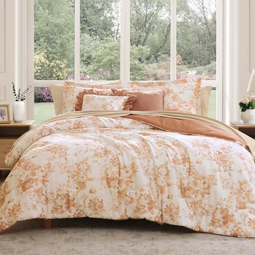 BLOOMHAVEN Queen Comforter Set -7 Pieces Autumn Leaf Floral Comforter Set for All Seasons, Bed in a Bag Queen with Botanical Flowers Comforter, Sheets, Pillowcases & Shams