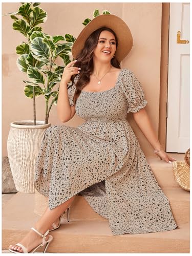 Image of Verdusa Women's Plus Size Boho Floral Long Dress Square Neck Shirred Flowy Wedding Guest Dresses