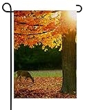 Uanvaha Deer fall Garden Flags 12.5X18 Double Sided Cute Elk Orange Red Leaves on Tree Ground autumn