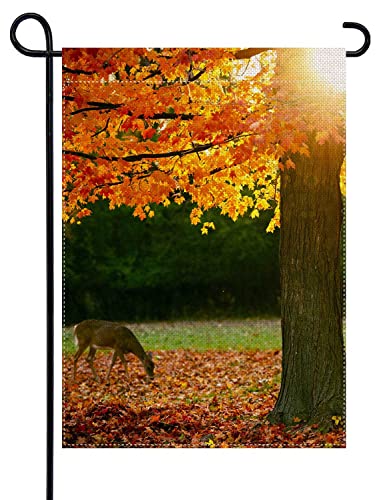 Uanvaha Deer Fall Garden Flags 12.5X18 Double Sided Cute Elk Orange Red Leaves On Tree Ground Autumn Season Park Small House Flag Outdoor Home Patio Lawn Farmhouse Decor #TOP24