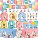 198 Pcs Pet Dog Birthday Party Supplies (Serves 24), Vintage Puppy Face Party Tableware Birthday Party Decorations Set Include Banner Plates Napkins Cups Forks Knifes Tablecloth Topper for Party