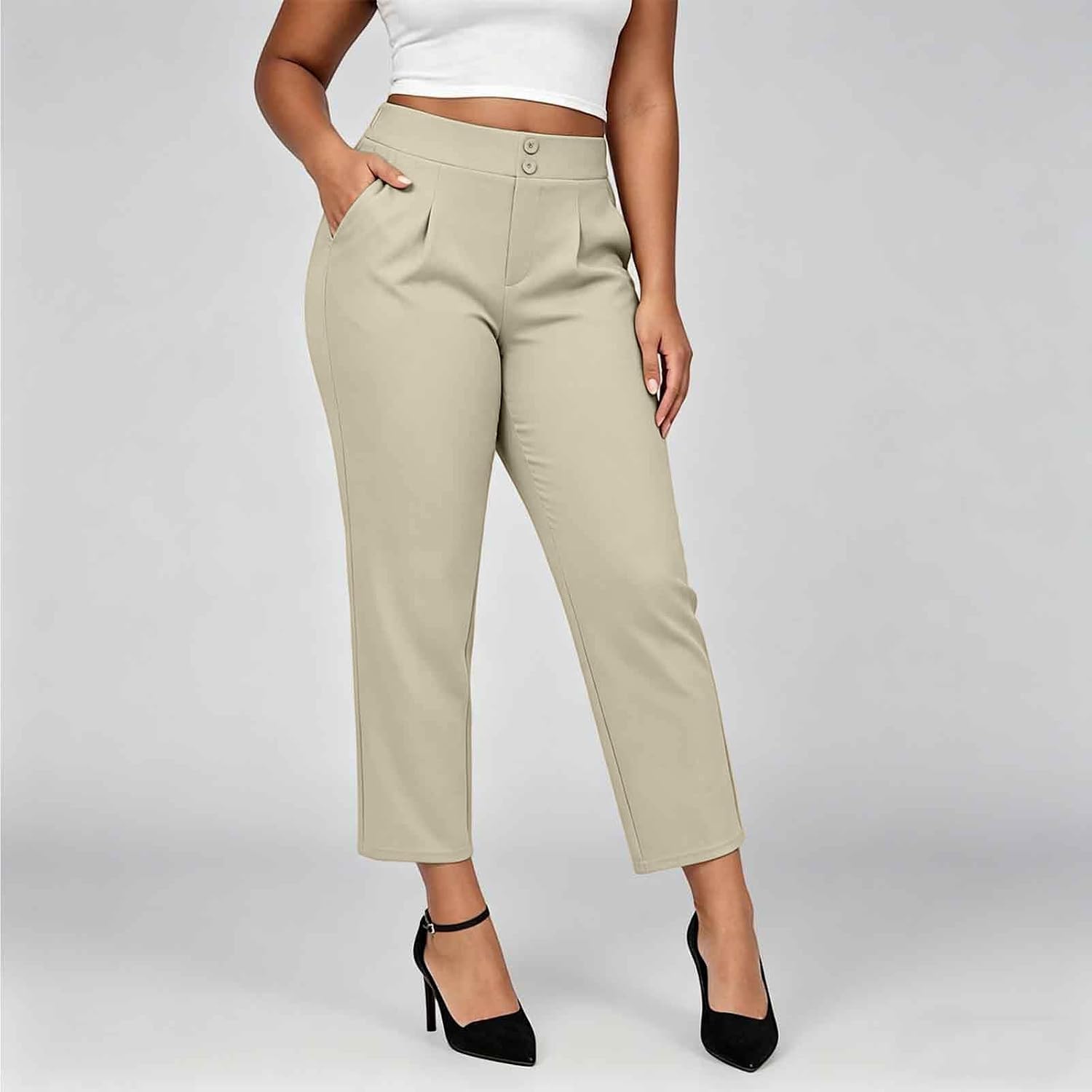 Plus Size Dress Pant for Women Business Casual Straight Leg Pants High Waist Tapered Stretchy Trouser with Pockets