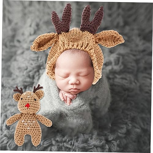 1Set Adorable Antler Hat Warm Knit Wool Beanie for Months for Holiday Photography and Comfortable Skin Friendly Design for Boys Brown4