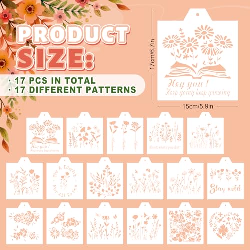Whaline 17Pcs Flower Theme Cookie Stencils Inspirational Floral Airbrush Painting Stencils Assorted Biscuit Cake Baking Templates for Party DIY Craft, 6.7 x 5.9 Inch