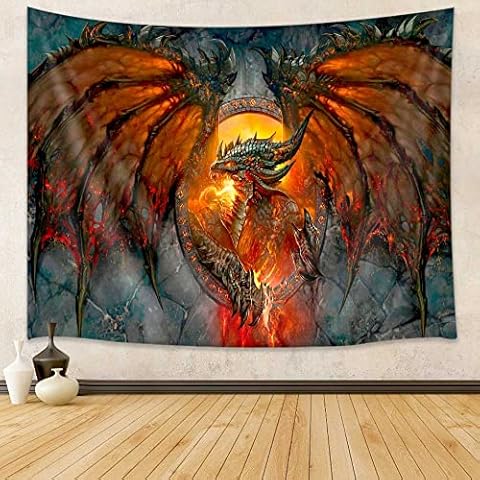 Dragon Tapestry Wall Hanging, Fantasy World Tapestry Wall Hanging Medieval Red Dragon Mythology Tapestry for Bedroom Living Room Dorm Home Decor Blacklight Tapestry Blanket (60X40) Cover