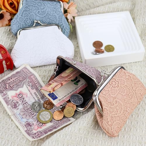 Image of FuninCrea 2 Pcs Faux Leather Coin Purse for Women with Kiss Lock, Floral Pattern Change and Coin Wallet Double Clasp Closure Mini Wallet for Cash Key (White+Purple)