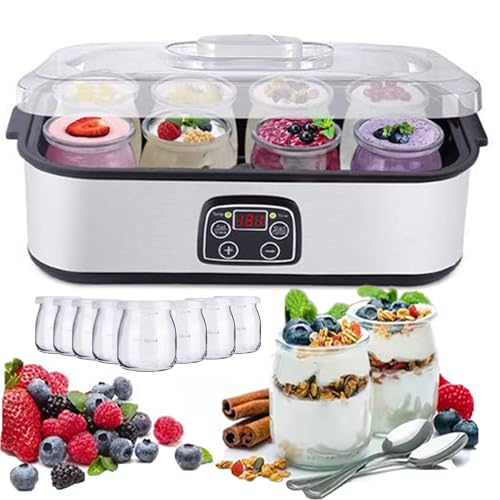WUDLi Yogurtera de 1400ml con 8 tarros de 175ml, Máquina automática para Hacer Yogur, con Pantalla LED y Temporizador, 48 Horas de Trabajo, para Hacer Yogur casero, para el hogar, para la Salud