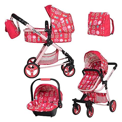 Cosatto Dolls Pram, Giggle Quad, Pink Fairy Garden, Includes Car Seat & Backpack, Easy Fold Cover