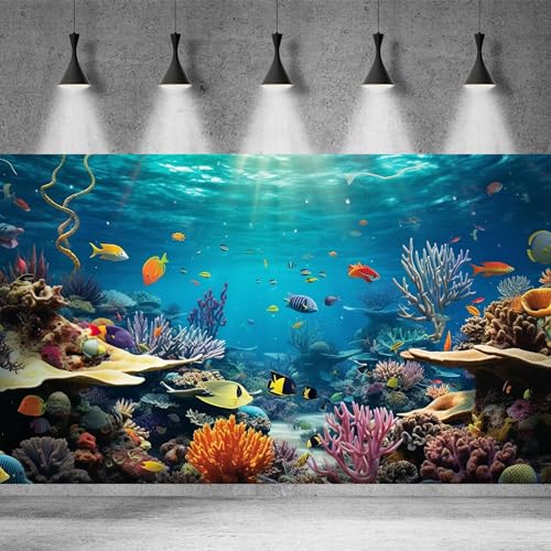 Image of Underwater World Aquarium Background Tropical Fishes on Coral Reef Terrarium Background Oceanarium Deep Sea Colorful Marine Panorama Landscape Theme Fish Tank Backdrop Decorations Poster 36x18in