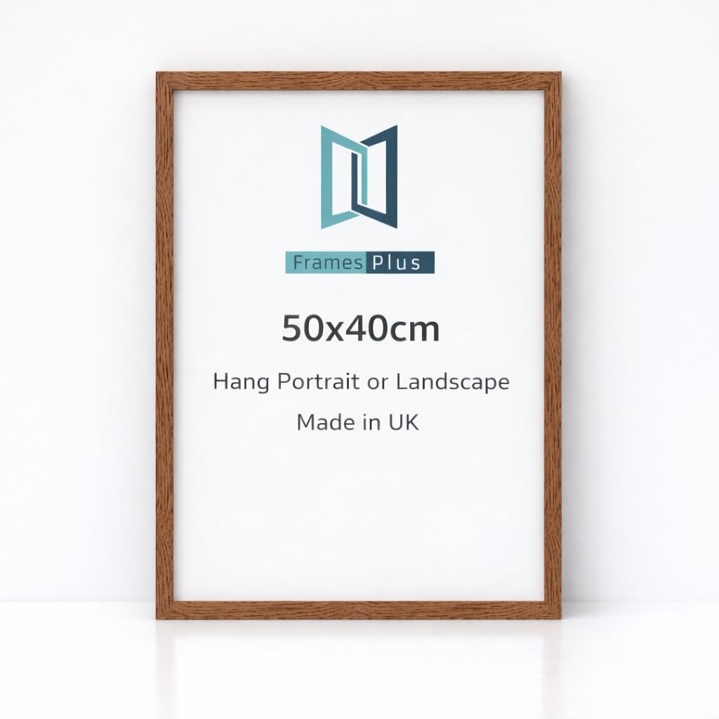 50 x 40cm Picture Frame (500 x 400mm) 30mm Profile, Wall Mounted Shatterproof Styrene Front, Portrait or Landscape Display for Posters Photos Prints Art, Dark Oak