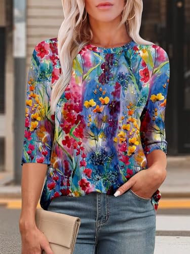 KISSMODA Tunic Tops for Women Loose Fit Dressy Round Neck Pleated 3/4 Length Sleeve Spring Tops