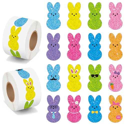 BeYumi Laser Bunny Peeps Sticker - 1000Pcs Laser Bunny Peeps Stickers in 2 Rolls Holographic Sparkly Glitter Colorful Cute Rabbit Animal Adhesive Decal Sunday School Gift Holiday Party Decor for Kids