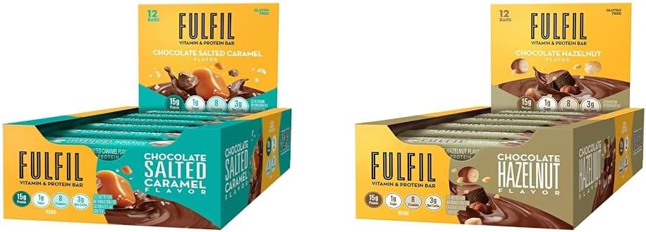 FULFIL Vitamin and Protein Bars, Chocolate Salted Caramel, Snack Sized Bar with 15g Protein & Vitamin and Protein Bars, Hazelnut, Snack Sized Bar with 15 g Protein and 8 Vitamins