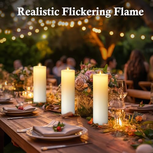Image of 4 Pack 14 inch x 4 inch Large Outdoor Candles, Waterproof Flickering LED Flameless Candles with Timer, Battery Operated Candles with Remote Control Realistic Fake Pillar for Patio Porch Lanterns, White