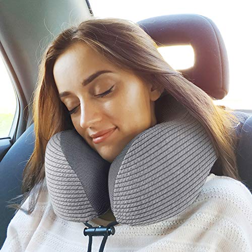NAPFUN Neck Pillow for Traveling, Upgraded Travel Neck Pillow for Airplane 100% Pure Memory Foam Travel Pillow for Flight Headrest Sleep, Portable Plane Accessories, Dark Grey - Thumbnail 6