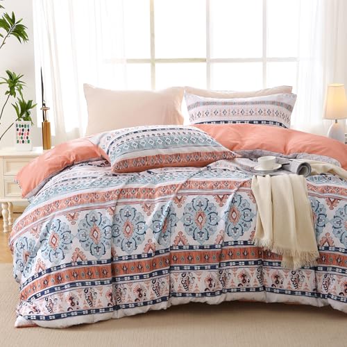 MUXHOMO Duvet Cover King Size, Reversible Floral Vintage Duvet Cover Set with Zipper Closure, 3 Pieces Botanical Patterns Soft Microfiber Bedding Set (90