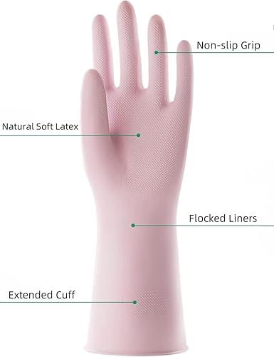 Miniatura 3 de 1 par de guantes de limpieza de goma antideslizantes de larga duración, color rosa, guantes de limpieza de platos con forro de algodón, para