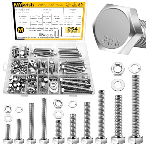 Mywish 254Pcs Nuts and Bolts, 1/4 20 5/16 18 3/8 16 Bolt, Heavy Duty 304 Stainless Steel Bolts and...