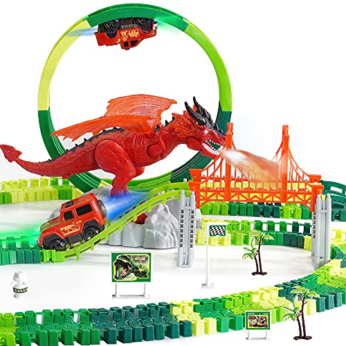 Dinosaur Toys 169 PCS Flexible Race Tracks Set - Spray Dinosaur Track with 2 Race Cars & 360°Loop Stunt Create Dinosaur World Road Race, Best Gifts for for Kids Boy & Girl 3 4 5 6 7 8 Year & Up Old