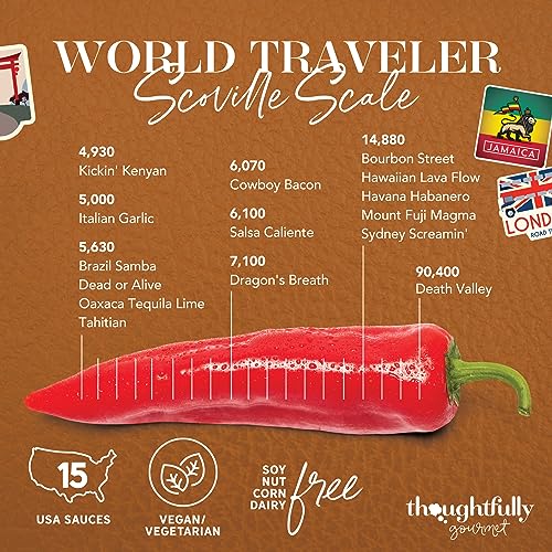 Thoughtfully Gourmet, World Traveler Suitcase Hot Sauce Gift Set, Vegan and Vegetarian, Flavors Like Cowboy Bacon, Italian Garlic, and More, Set of 15