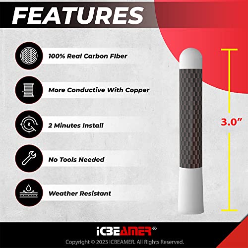 Icbeamer 3" 76 Mm Carbon Fiber Polished Finish & White Aluminum Short Automotive Antenna With Internal Copper Coil Universal Fit Am/Fm Radio Antenna Replacement Compatible For Car, Truck And Van #TOP1