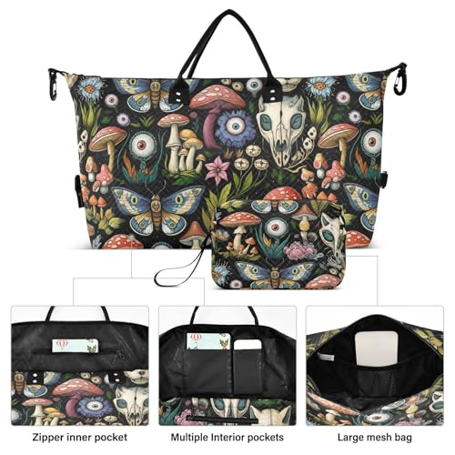 Skull Mushrooms Eyeball Black Sports Gym Bag for Women Men Travel Duffel Bag Weekend Overnight Carry on Bag with Toiletry Bag Yoga Bag for Plane Hospital Swimming Yoga Workout2