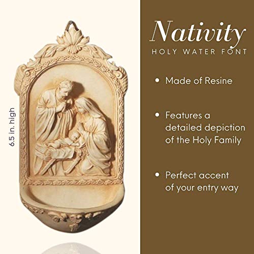 Catholic & Religious Nativity Holy Water Font. Material: Resin Size: 6 1/2\" H. Holy Family with St. Mary, Jesus & St. Joseph. Perfect for Entrance of Home or Wedding Gift!