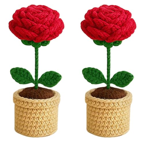 Image of VCR Handmade Crochet Red Rose Pot - Pack of 2 - Hand Woven Knitted Artificial Red Rose Pot Hand Knitted Flower for Office Desk, Table, Car, Bedroom, Wedding & Special Occasions