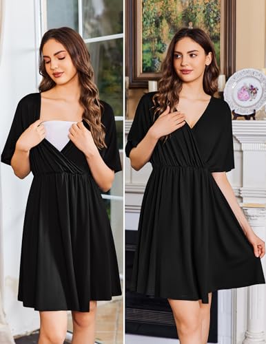 Image of Ekouaer 3 in 1 Labor and Delivery Gown for Hospital Short Sleeve Maternity Nursing Dress Nightgown Postpartum Sleepwear