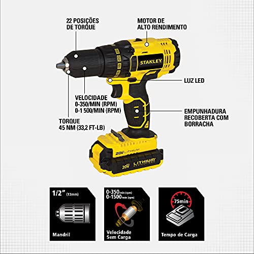 STANLEY Parafusadeira e Furadeira de 1/2 Pol. (13mm) a Bateria 20V Ion-Litio 1.3Ah 1.550 RPM com Mal