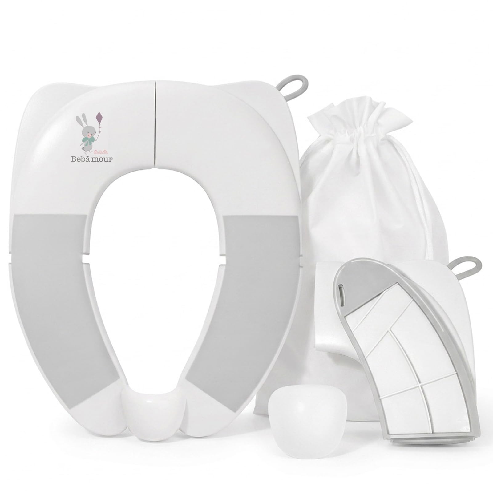 Bebamour Sedile WC pieghevole per bambini, portatile, da viaggio, con cuscinetti antiscivolo e paraspruzzi, compatto e leggero, adatto per WC standard del Regno Unito,coniglio