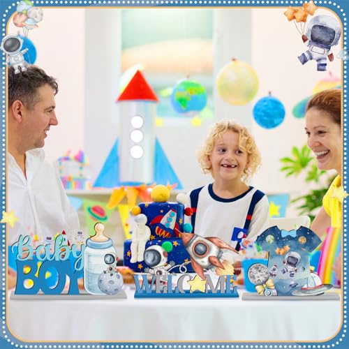 Image of Realspring 6 Pcs Space Baby Shower Wooden Table Decorations for Boy Themed Planet Astronaut Space Party Centerpieces Sign Home Decoration for It's a Boy Baby Shower Birthday Party Supplies