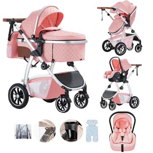 Lnhcrbs Set de Cochecito De Bebé 3 en 1, Cochecito Bebe de Altura Ajustable Con Asiento de Coche, cochecito bebe 3 piezas de Bebé para Bebés de 0-4 Años con Mosquitera Bolsa para Mamá Porta Biberón