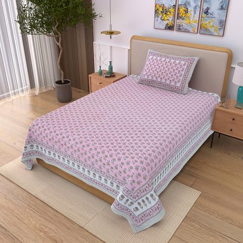 Image of 100% Cotton Single Bedsheet with 1 Pillow Cover | 240 TC Pure Cotton Flat Bed Sheet | Traditional Jaipuri Printed Bedding Set | Soft & Breathable | 60 x 90 Inch (Rangmahal Single 09)