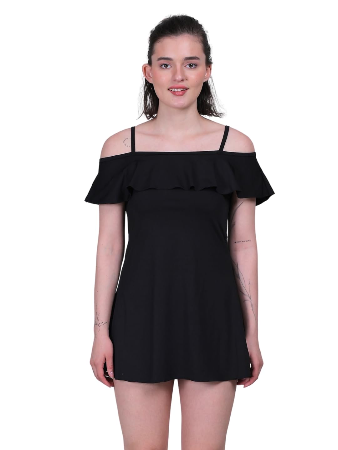 2 Piece Retro Padded Ruffled Off Shoulder Adjustable Straps Swimdress with Swim Shorts Quick Dry Chlorine Resistant Swimsuit Swimming Costume Swimwear for Women