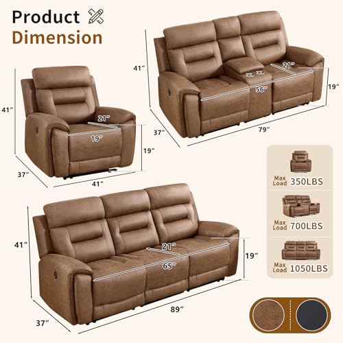 Image of ANJ 3-Piece Power Recliner Sofa Set with Charging Ports, Include Single Recliner Chair, 2-Seater Loveseat with Hidden Storage & Cup Holders and 3-Seater Reclining Couch for Living Room, Brown
