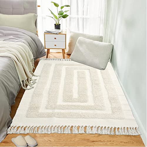 Kimode Boho Rugs For Living Room 4X6 Washable Tufted Geometric Floor Carpet Bedroom Rug Bohemian Beige Area Rug Hand Woven Cotton Indoor Accent Throw Rug For Sofa/Kitchen/Entryway #TOP6