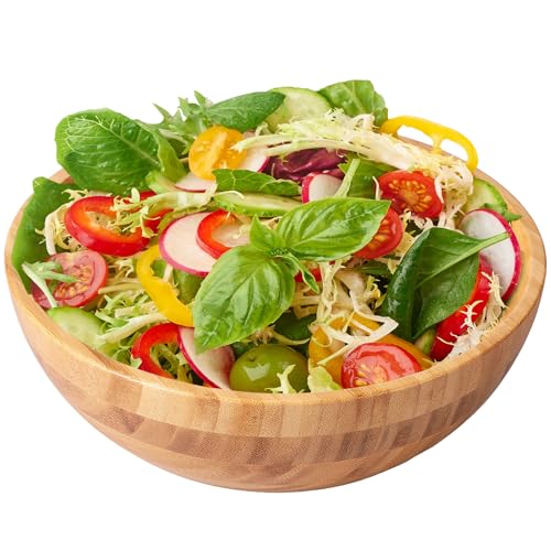 UKQRRTC Bamboo Fruit Bowl, Large Capacity Bamboo Salad Bowl, Reusable Mixing Bowls, Natural Salad Serving Bowl for Noodles Snacks Fruits Desserts (25CM)