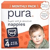 Pura Eco Baby Nappies - Size 4 (8-14kg / 18-31 lbs), 6 x 24 Nappies (144 Total), Monthly Pack, Ultra Soft Nappies for Sensitive Skin, Organic Cotton, Up to 12hrs Leak Protection, New Size Guide