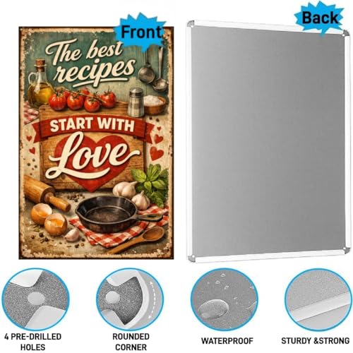The Best Recipes Start With Love Vintage Tin Sign Rustic Kitchen Wall Decor Metal Plaque Farmhouse Cooking Art Food Illustration Cafe Pantry Dining Room 8x12 Inch Pre Drilled Holes - Image 5