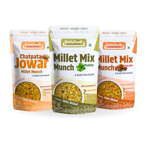 Image of Nutriefoods Millet Mix Munch (Millet Chivda), 100% Roasted Millets Guilt Free, Nutritious Munch (Peri Peri, Pudina and Jowar Chatpata (Pack of 3), 300gm)