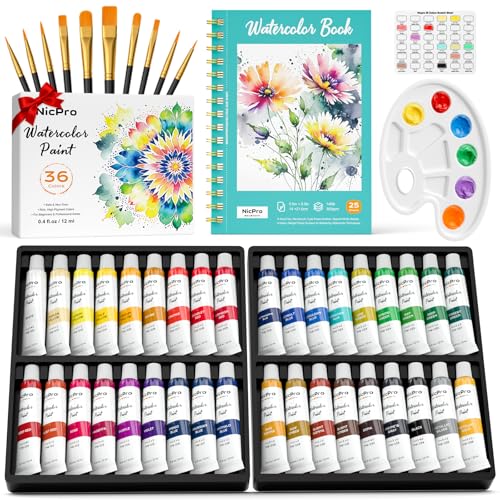 Nicpro Watercolor Paint Set for Adults, 36 Colors Watercolor Tube Set (12ml,0.4oz) with10 Paint Brushes, 25-Sheet Watercolor Paper Book, Palette, Water Color Painting Supplies for Artists Beginners Gift