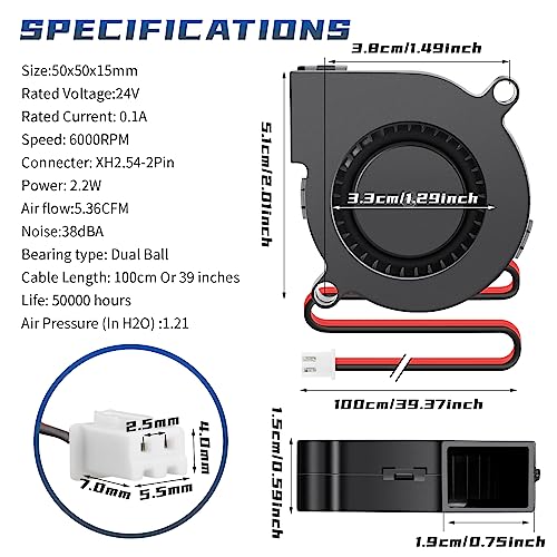 50mm x 15mm 5015 Blower Fan 24V Brushless Cooling Dual Ball Bearing 39in Cable for Replacement 3D Printer Hotend Extruder Electronic Project Upgrade Radiator 2Pcs
