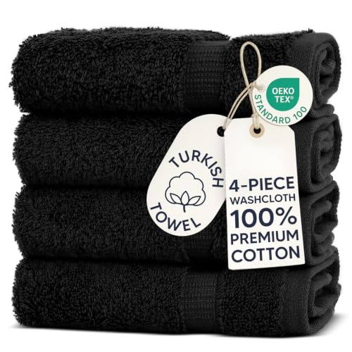 Chakir Turkish Linens | Hotel & Spa Quality 100% Cotton Premium Turkish Towels | Soft & Absorbent (4-Piece Washcloths, Black)