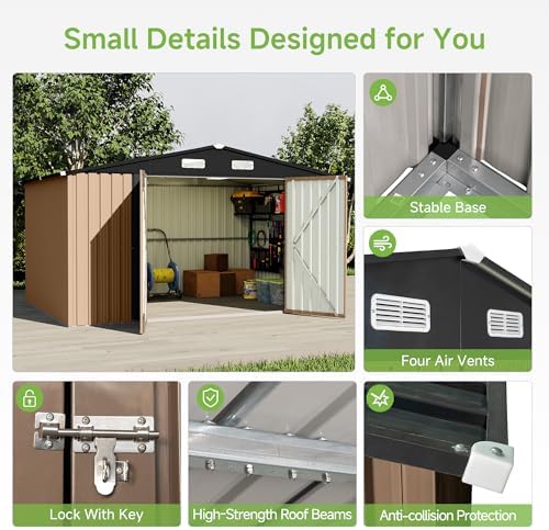 Real Relax 8x10 FT Metal Storage Shed, Large Outdoor Shed with Reinforced Frame & Heavy Wind/Snow Resistance, Secure Lock, for Backyard/Garden, Stores Tools & Materials, Brown — view 6