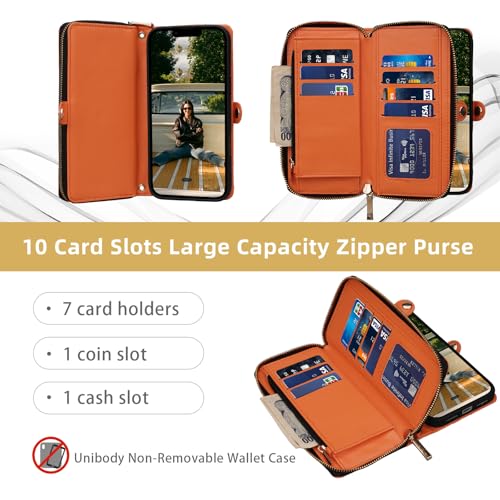 Rssviss Crossbody Case for iPhone 17 Pro Max Case Wallet, RFID Blocking Leather with Card Holder Kickstand, Handbag Zipper Flip Cover with Wrist Strap for iPhone 17 Pro Max Men Women 6.9", Orange by Rssviss - Used condition - Image 3