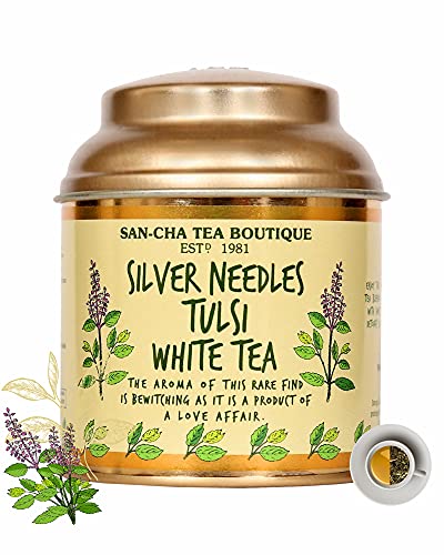 Image of Sancha Tea Boutique Tulsi White Tea (25X3 Cups), Pure Tea Buds blended with Holy Basil Leaves, Worlds Healthiest Tea, Silver Needles White Tea